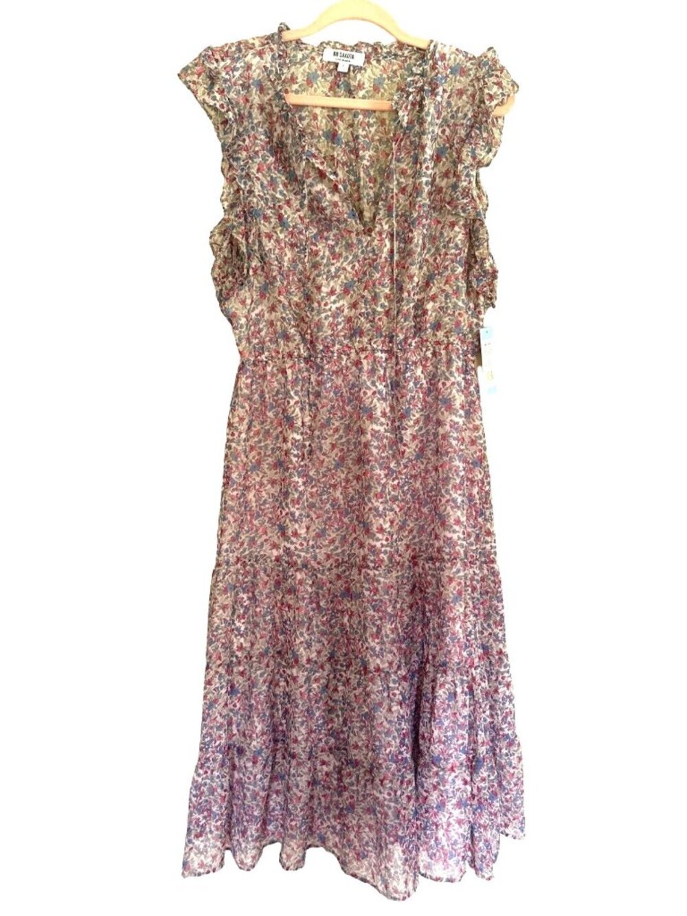 BB Dakota Steve Madden Ditsy Dress Floral Ruffle Tiered Maxi Pink Blue Large NWT